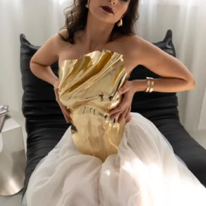 Gold Top Rave Outfit For Special Event Chrome Mirror Corset Armor Steampunk Futuristic Clothing For Coachella Look Metallic Bustier Handmade