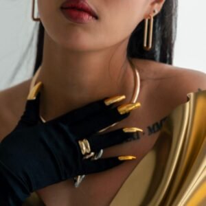 Long Black Gloves With Stunning Gold Silver Metallic Nails Bold Accessory Glamorous Looks Perfect For High-Fashion Events Formal Gloves