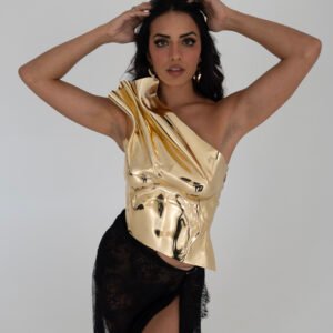 Gold Top Rave Outfit For Special Event Chrome Mirror Corset Armor Steampunk Futuristic Clothing For Coachella Look Metallic Bustier Handmade